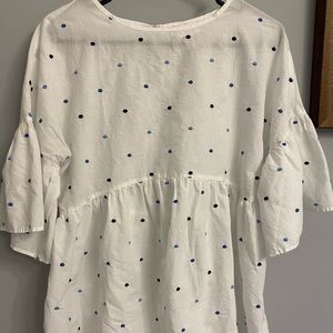 White with navy and light blue polka dot blouse by Isabel Maternity  size small